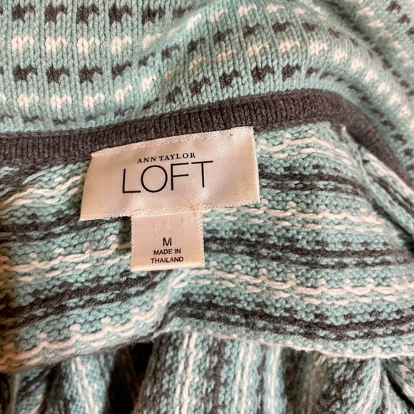 Ann Taylor LOFT Blue Gray & White Print Button up Belted Collared Cardigan Sz M - Picture 8 of 9